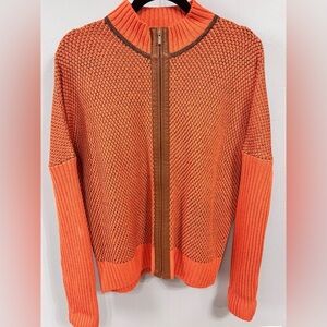 EUC St. John Burnt Orange and Brown Trim Zip-Up Womens Knit Sweater - Size L
